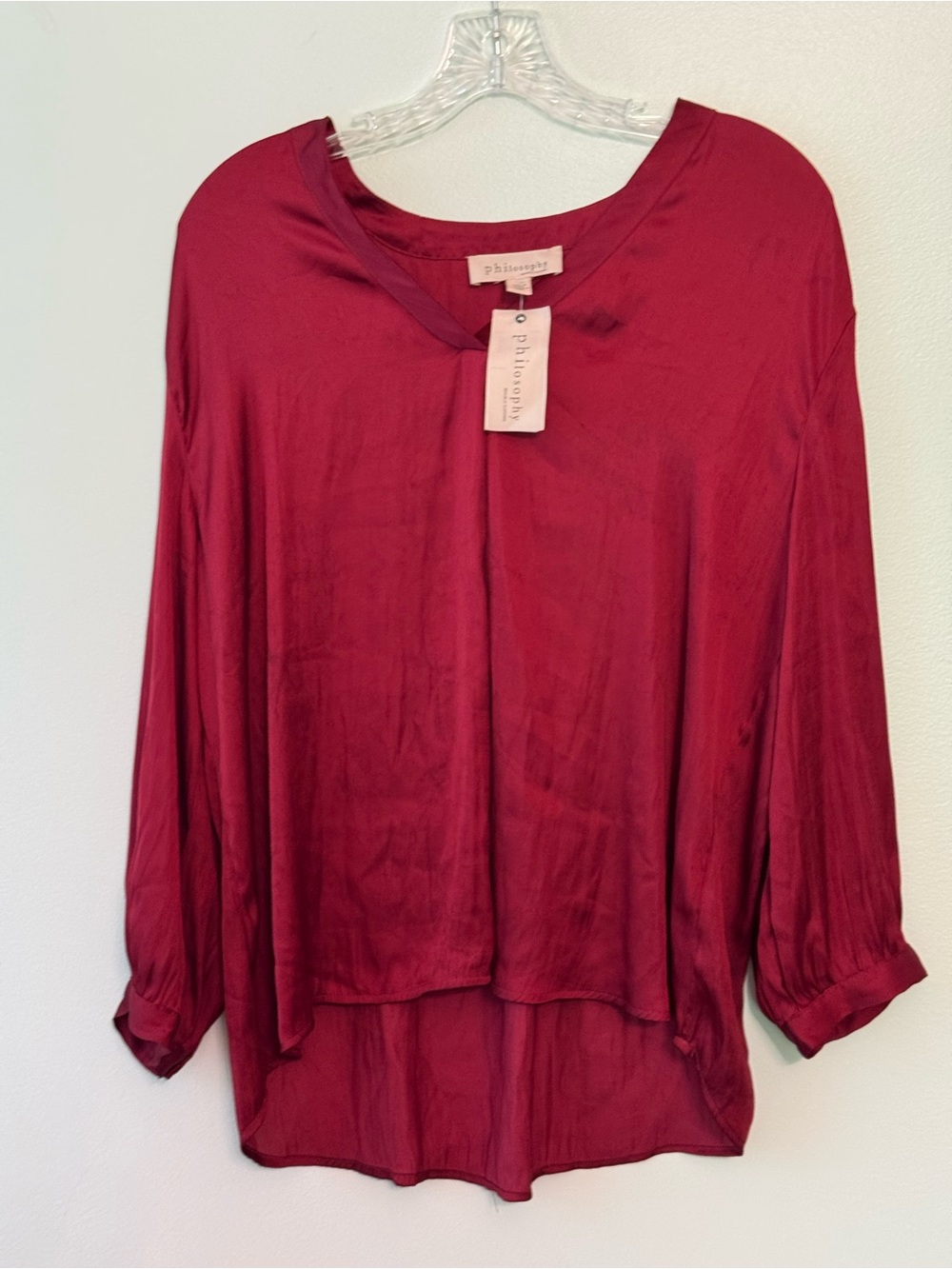 Philosophy Satin-Look Burgundy V-Neck Blouse